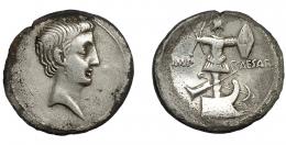 AUGUSTO. Denario. Ceca incierta (29-27 a.C.)). R/ Trofeo navel, en la base proa u ancla; IMP CAESAR. Ar 3,62 g. 20 mm. RIC-265a. FFC-97. Leves oxidaciones. MBC-.