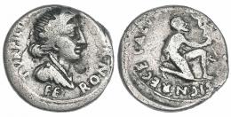 AUGUSTO. Denario. Roma (19 a.C.). A/ Busto de Feronia a der; TVRPILL(IANVS) F, FERON III VIR. R/ Parto arrodillado a der. con vexillum; CAESAR AVGVSTVS SIGN RECE. AR 3,31 G. 18,3 g. RIC-288. FFC-305. Rayitas y contramarcas. BC+. Muy escasa.
