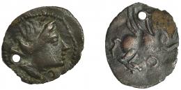Divisores de imitación ampuritana. Hemióbolo. A/ Cabeza femenina a der., delante creciente. R/ Pegaso volando a der., debajo círculo. AR 0,20 g. CNH-169. ACIP-518. CC-929, mismo ejemplar. Perforada. MBC. Rarísima.
