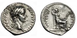 TIBERIO. Denario. Lugdunum (36-37 d.C.). R/ Livia entronizada a der. con cetro y espigas, patas del trono decoradas; PONTIF MAXIM. AR 3,58 g. 19,2 mm. RIC-30. Pequeñas marcas. MBC.
