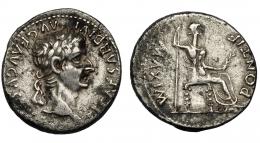TIBERIO. Denario. Lugdunum (36-37 d.C.). R/ Livia entronizada a der. con cetro y espigas, patas del trono decoradas; PONTIF MAXIM. AR 3,71 g. 18,2 mm. RIC-30. Leves oxidaciones. MBC/MBC-.
