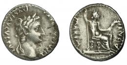 TIBERIO. Denario. Lugdunum (36-37 d.C.). R/ Livia entronizada a der. con cetro y espigas, patas del trono decoradas; PONTIF MAXIM. AR 3,80 g. 18 mm. RIC-30. MBC-.