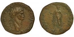 CLAUDIO I. Sestercio. Roma (41-50). A/ Cabeza laureada a der.; TI CLAVDIVS CAESAR AVG P M TR P IMP. R/ Spes a izq. con flor y levantándose la túnica; SPES AVGVSTA, SC. AE 26,31 g. 33,1 mm. RIC-99. Porosidades. EBC-/MBC+.