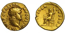 NERÓN. Áureo. Roma (64-65). A/ Cabeza laureada a der.; NERO CESAR AVGVTVS. R/ Júpiter entronizado a izq. con cetro y haz de rayos; IVPPITER CVSTOS. AU 7,17 g. 18,5 mm.  RIC-52. Dos golpecitos en anv. Y golpe en rev. MBC.