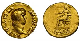 NERÓN. Áureo. Roma (64-68). A/ Cabeza laureada a der.; NERO CESAR AVGVTVS. R/ Salus entronizada a izq. con pátera; SALVS. AU 7,10 g. 18 mm. RIC-59. MBC-/BC+.