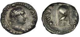 VITELIO. Denario. Roma (69 d.C.). R/ Trípode con delfín y cuervo; XV VIR (SACR FAC). AR 3,28 g. 18 mm. RIC-70. Algo descentrada. Rayitas en anv. MBC.