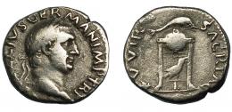 VITELIO. Denario. Roma (69 d.C.). R/ Trípode con delfín y cuervo; XV VIR SACR FAC. AR 2,83 g. 16,7 mm. RIC-86. MBC-.