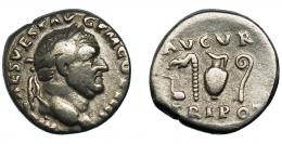 VESPASIANO. Denario. Roma (72 d.C.). R/ Instrumentos sacerdotales; AVGVR/ TRI POT. AR 3,22 g. 15,1 mm. RIC-356.BC+/MBC-.