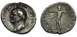 VESPASIANO. Denario. Roma (76 d.C.). R/ Júpiter a izq. Con cetro y sacrificando con patera en altar; IOVIS CVSTOS. RIC-850. AR 2,97 g. 18,7 mm. MBC-/BC.