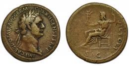 DOMICIANO. Sestercio. Roma (86). A/ Cabeza laureada a der. con égida; IMP CAES DOMIT AVG GERM COS XII CENS PER P P. R/ Júpiter sentado a izq. con victoria y lanza; (IOVI) VICTORI, SC. AE 25,82 g. 35,3 mm. RIC-313. MBC-/BC+.