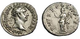 TRAJANO. Denario. Roma (98-99). R/ Pax a izq. con rama y cornucopia; P M TR P COS II P P. AR 3,13 g. 17,8 mm. RIC-7. Pequeñas erosiones en rev. MBC/MBC-.
