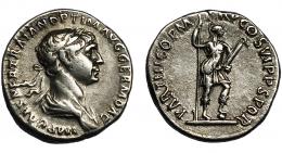TRAJANO. Denario. Roma (114-117). R/ Virtus en traje militar a der. con lanza y parazonium; PARTHICO P M TR P COS VI P P SPQR. AR 3,34 g. 17,9 mm. RIC-334. MBC.