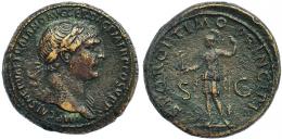 TRAJANO. Sestercio. Roma (103-111). A/ Cabeza laureada a der.; IMP CAES NERVAE TRAIANO AVG GER DAC P M TR P COS V P P. R/ Roma a izq. con victoria y lanza; SPQR OPTIMO PRINCIPI, S-C. RIC-483. Porosidades. MBC/MBC-.