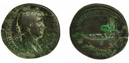 ADIRANO. Sestercio. Roma (129-130). R/ Barco a izq. FELICITATI/AVG/COS III PP. AE 21,81 g. 31,3 mm. RIC-1285 ss. Concreciones. Pátina verde. BC+/MBC-.