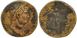ADRIANO. Sestercio. Roma (125-128). A/ Cabeza laureada y drapeada sobre el hombro izquierdo a der.; HADRIANVS AVGVSTVS. R/ Diana a der. con arco y flechas; COS III, S-C. RIC-631b. Erosiones. MBC/BC+.