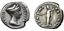 SABINA. Denario. Roma (130-135). R/ Juno a izq. con pátera y cetro;IVNONI REGINAE. AR 3,22 g. 16,3 mm. RIC-2250. Cospel abierto, MBC-.