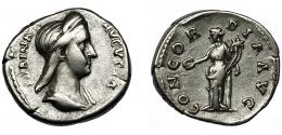 SABINA. Denario. Roma (136-138). R/ Concordia  a izq. apoyada en columna, con pátera y cornucopia; CONCORDIA AVG. AR 3,56 g. 17,4 mm. RIC-2570. MBC-/MBC.
