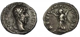 LUCIO VERO. Denario. Roma (166-167). R/ victoria avanzando a izq. con corona y palma; TR P VII IMP IIII COS III. AR 2,98 g. 18,6 mm. RIC-574. MBC/MBC-.