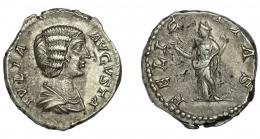 JULIA DOMNA. Denario. Roma (196-211). R/ Felicitas a izq. con caduceo y cetro; FELICITAS. AE 3,57 g. 17,5 mm. RIC-551. Hojitas en rev. MBC+/MBC.