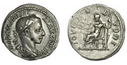 ALEJANDOR SEVERO. Denario. Roma (222-228). R/ Júpiter entronizado a izq. Con Victoria y cetro; IOVI VLTORI. AR 2,77 g. 18,6 mm. RIC-144. MBC/MBC-.