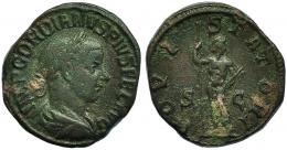 GORDIANO III. Sestercio. Roma (241-243). A/ Busto laureado con manto y coraza a der. R/ Júpiter con cetro y haz de rayos; IOVI STATORI, S-C. RIC-298a. Oxidaciones. MBC-. Oxidaciones. MBC-.