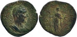 TRAJANO DECIO. Sestercio. Roma (249). A/ Busto laureado con manto y coraza a der. R/ Dacia a izq. con bastón rematado en cabeza de asno; DACIA, S-C. RIC-1019. Pátina verde rugosa. MBC-/BC+. Escasa.