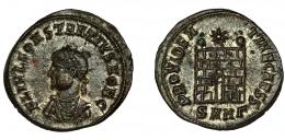 CONSTANCIO II. Follis reducido. Heraclea (325-326). R/ Puerta de campamento con dos torretas; PROVIDENTIAE CAESS, exergo SMHG (gamma). VE 2,93 g. 19,1 mm. RIC-78. R.P.O. MBC+.