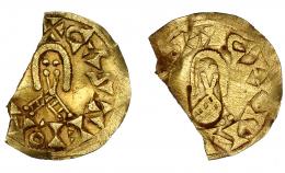 CHINTILA. Tremissis. Castelona. Fragmento del 60%. AU 0,76 g. 19,7 mm. BC/MBC-. Rarísima.