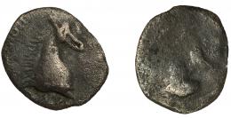 ARSE-SAGUNTO. Hemióbolo. A/ Cabeza femenina a der. R/ Cabeza de caballo, alrededor restos de ley. Ibérica ARSEETaRKiTeRTaR. AR 0,20 g. CNH-7. ACIP-1938. CC-1062, mismo ejemplar. RC/MBC. Rara.