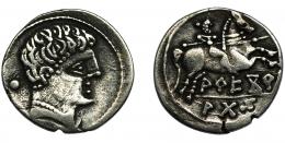 AREKORATAS. Denario. A/ Peinado en dos filas rematado en glóbulos. R/ Ley. AREKoR/ATaS separada por línea. AR 3,21 g. 18,1 mm. CNH-no. I-102. ACIP-1766, vte. peinado. Limpiada. MBC. Rarísima.
