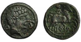 BURSAU. Unidad. A/ Cabeza masculina a der., delante delfín, detrás Bu. R/ Jinete lancero a der.; debajo sobre línea BuRSAU. AE 12,29 g. 25,9 mm. CNH-4. I-301. ACIP-1591. Pátina oscura. MBC-. Escasa.
