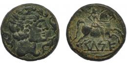 KELSE. Unidad. A/ Cabeza masculina a der., alrededor tres delfines. R/ jinete con palma a der.; debajo sobre línea KeLSE. AR 13,02 g. 26,2 mm. CNH-11. I-771. ACIP-1482. Pátina verde oscuro. MBC+/MBC.
