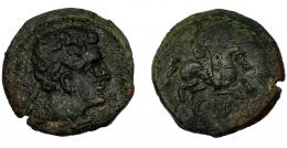 KELSE. Mitad. A/ Cabeza masculina a der., detrás delfín? R/ Pegaso a der., debajo, bajo línea KeLSE. AE 6,30 g. 21,9 mm. CNH-3. I-789. ACIP-1474. Pátina oscura. Pequeña grieta. MBC. Muy rara.