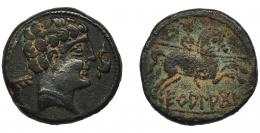 EKUALAKOS. Unidad. A/ Cabeza masculina a der., delante delfín, detrás E. R/ Jinete lancero a der., debajo sobre línea EKuALAKoS. AE 8,63 g. 23'6 mm. CNH-2. I-969. ACIP-1848. Pátina oscura. MBC/MBC-. Muy escasa.