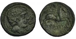 ERCAVICA. Unidad. A/ Cabeza masculina a der., delante ER y delfín, detrás arado. R/ Jinete con lanza a der., debajo sobre línea ERKaVIKa. AE 13,79 g. 28,3 mm. CNH-no. I-1276. ACIP-1854. Pátina verde oscuro rugosa. MBC. Rara.