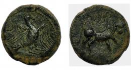 OBULCO. As. A/ Águila a der., detrás creciente. R/ Toro a der., encima externa OBVLC(O). AR 6,96 g. 21 mm. CNH-61. I-1848. ACIP-2240. Pátina verde. MBC.