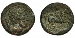 SAITI. Unidad. A/ Cabeza masculina diademada a der. con manto y fíbula, detrás palma. R/ Jinete con lanza a der., debajo sobre línea SAITi. AE 13,23 g. 27,2 mm. CNH-3. I-2100. ACIP-2031. Pátina oscura rugosa. MBC+/MBC-.