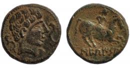 SEKAISA. Unidad. A/ Cabeza masculina a der., delante y detrás delfín. R/ Jinete lancero a der., exergo SEKaISA. AE 9,72 g. 22,8 mm. CNH-42. I-2131. ACIP-1562. MBC/MBC-.