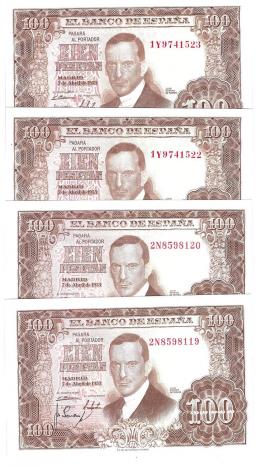 Lote de dos parejas correlativas. 100 ptas. 7 abril 1953. Series 1Yy 2N. Julio Romero de Torres. ED-D65b. Plancha.