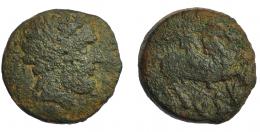 KESE. Unidad. A/ Cabeza masculina barbada a der. R/ Jinete con palma a der., debajo KeSE. AE 18,32 g. 28,1 mm. CNH-3. I-2269. ACIP-1108. Superficies erosionadas. RC.