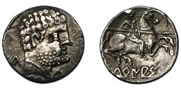 TURIASU. Denario. A/ Cabeza masculina a der., alrededor Ka.S.Tu. R/ Jinete lancero, debajo sobre línea TuRIASU. AR 2,88 g. 18 g. CNH-34. I-2417. ACIP-1723. Fina grieta. MBC.