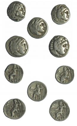 Lote de 5 dracmas. Macedonia. Alejandro III (4), Filipo II (1).  BC+/MBC-.