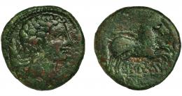 EUSTI. Semis. A/ Cabeza masculina a der.; detrás jabalí. R/ Caballo galopando con rienda suelta a der.; debajo sobre línea EUSTi. AE 5,58 g. 20,7 mm. ACIP-1212. I-1300. Pátina verde. MBC-/BC+. Rara.