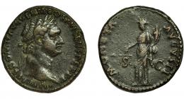 DOMICIANO. As. Roma (92-94 d.C.). R/Moneta a izq. con balanza y cornucopia; MONETA AVGVSTI, SC. AE 11,8 g. 24 mm. RIC-408. Pátina oscura. MBC/MBC-.