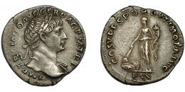 TRAJANO. Denario. Roma (103-111 d.C.). R/ Pax a izq. con cornucopia y quemando pila de armas; COS V PP SPQR OPTIMO PRINC- PAX. AR 3,03 g. 19,1 mm. RIC-102. Pequeña grieta. MBC+.