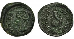 ITALICA. Cuadrante. Tiberio. A/ Cabeza a izq..; PERM-(AVG). R/ Cornucopia y globo; MVNIC ITALIC. AE 4,98 g. 20,8 mm. RPC-72. APRH-72. I-1588. ACIP-3341. Pátina verde rugosa. MBC/MBC+. Escasa.