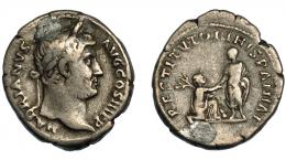 145  -  ADRIANO. Denario. Roma (134-138). R/ Adriano dando la mano a Hispania arrodillada ante él; entre ellos, conejo; RESTITVTORI HISPANIAE. AR 3,22 g. 18 mm. RIC-326. Agujero tapado. BC-.