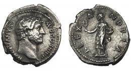147  -  ADRIANO. Denario. Roma (130-133 d.C.). R/ Alejandría con sistro y cuenco con serpiente; ALEXANDRIA. AR 3,12 g. 13,5 mm. RIC-1501. Limpiada. MBC.