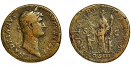 ADRIANO. Sestercio. Roma (128-132). R/ Hilaritas a izq. con palma y cornucopia flanqueada por dos niños; HILARITAS PR COS III. AE 24,95 g. 32,4 mm. RIC-970 b. Pequeñas erosiones. BC+.