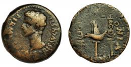 COLONIA PATRICIA. Dupondio. Augusto. A/ Cabeza a izq.; PERMI(SSV) CAESARIS AVGVSTI. R/ Aquila entre dos signa; (COL)ONIA (PATRICIA). AE 33,4 g. 32,7 mm. I-1988. RPC-128. APRH-128. ACIP-3356. Vanos. BC+.